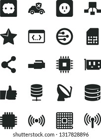 Solid Black Vector Icon Set - power socket type b vector, f, star, thumb up, big data, server, autopilot, processor, satellite dish, SIM, connection, hierarchical scheme, cpu, pc card, network