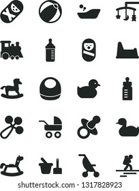 Solid Black Vector Icon Set - toys over the cradle vector, dummy, feeding bottle, measuring for, baby bib, rattle, carriage, summer stroller, rubber duck, duckling, bath ball, children's bathroom