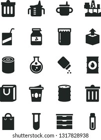 Solid Black Vector Icon Set - bin vector, storage unit, mug for feeding, measuring cup, baby powder, dust, bag with handles, unpacking, tin, coffee to go, jam, jar of, commercial seaport, oil