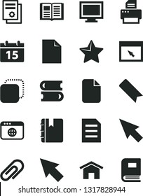 Solid Black Vector Icon Set - monitor window vector, clip, bookmark, clean sheet of paper, books, home, calendar, star, book, notebook, copy, scientific publication, printer, browser, cursor, file