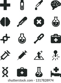 Solid Black Vector Icon Set - mark of injury vector, first aid kit, plus, electronic thermometer e, mercury, medical bag, temperature, round flask, test tube, dna, brain, pipette, syringe