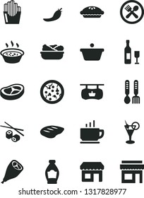 Solid Black Vector Icon Set - iron fork spoons vector, coffee, pizza, pie, porridge in a saucepan, lettuce plate, grill chicken leg, bacon, chop, fried potato slices, Chinese chopsticks, bottle, pan