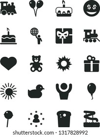 Solid Black Vector Icon Set - heart symbol vector, baby duckling, teddy bear, toy train, children's, air balloons, balloon, gift, cake, gift box, man hold world