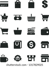 Solid Black Vector Icon Set - paper bag vector, grocery basket, bank card, dollar, cart, put in, with handles, kiosk, cup of tea, shopping, antique advertising signboard, wallet, hand, cash machine