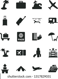 Solid Black Vector Icon Set - passport vector, sand castle, plane, camper, passenger, suitcase, rolling, ticket, case, hotel, tent, beach, arnchair under umbrella, palm tree, surfing, baggage
