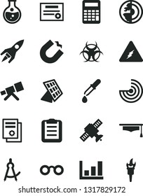 Solid Black Vector Icon Set - round flask vector, horseshoe magnet, scientific publication, telescope, electricity, glasses, satellite, biohazard, pipette, graduate hat, clipboard, calculator, radar