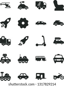 Solid Black Vector Icon Set - truck lorry vector, Baby chair, motor vehicle, present, child Kick scooter, car, delivery, electric, retro, space rocket, Express, lunar rover, helicopter, limousine