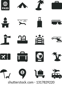 Solid Black Vector Icon Set - case vector, passport, coastal lighthouse, sand castle, helicopter, dollar pin, bus, suitcase, rolling, plane ticket, tent, beach, arnchair under umbrella, palm tree