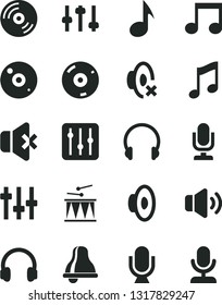 Solid Black Vector Icon Set - bell vector, desktop microphone, loudspeaker, silent mode, drumroll, headphones, music, CD, regulator, volume, no sound, note, settings