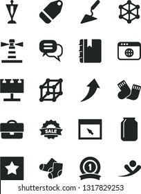 Solid Black Vector Icon Set - warm socks vector, Knitted, building trowel, notebook, label, jar, lighthouse, billboard with illumination, portfolio, sale, browser, 3d cube, pennant, medal ribbon