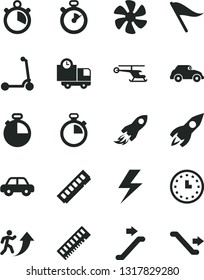 Solid Black Vector Icon Set - lightning vector, stopwatch, wind direction indicator, motor vehicle, child Kick scooter, timer, delivery, marine propeller, retro car, rocket, space, wall watch
