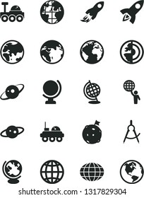 Solid Black Vector Icon Set - sign of the planet vector, globe, earth, scribed compasses, space rocket, core, saturn, lunar rover, man hold world, flag on moon