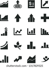 Solid Black Vector Icon Set - upward direction vector, growth up, plus, bar chart, line, graph, positive histogram, leaves, article on the dollar, arrow, arrows, pedestal, flying man