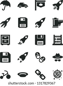 Solid Black Vector Icon Set - Floppy Disk Vector, Spectacles, Hat With Glasses, Camera Roll, Bedside Table, Tricycle, Child Shoes, Abacus, Umbrella, Plate, Retro Car, Vintage Sign, Rocket, Space