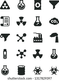 Solid Black Vector Icon Set - round flask vector, manufacture, oil, barrel, industrial building, radiation, carbon dyoxide, filter, water, research article, test tube, molecule, nuclear, biohazard