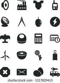 Solid Black Vector Icon Set - mark of injury vector, loudspeaker, baby bib, Child T shirt, toy mobile phone, eggs, passion fruit, kiwi, windmill, industrial building, agenda, mail, calculator