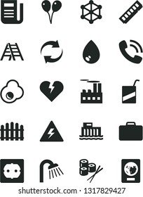 Solid Black Vector Icon Set - danger of electricity vector, renewal, e, colored air balloons, ladder, shower, power socket type f, hedge, broken heart, drop, sushi set, fried egg, newspaper, memory