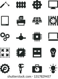 Solid Black Vector Icon Set - monitor vector, star gear, new radiator, bulb, camera, size, solar panel, smd, welding, caliper, three gears, tablet pc, notebook, fan, cpu, usb, printer, connect