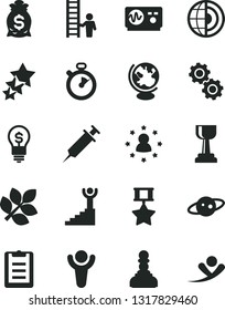 Solid Black Vector Icon Set - gears vector, globe, oscilloscope, clipboard, earth core, saturn, biology, syringe, stopwatch, winner, gold cup, pawn, stairway, hero medal, man with ladder, money bag