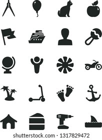 Solid Black Vector Icon Set - woman vector, beanbag, footprints, balloon, child Kick scooter, drill, globe, anchor, flag, piece of cake, apricot, fan, drawing compass, winner, motorcycle, boungalow