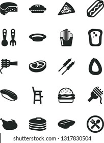 Solid Black Vector Icon Set - a chair for feeding child vector, plastic fork spoons, stick of sausage, cheese, piece pizza, Hot Dog, burger, spaghetti, noodles, pie, plate, chicken, bacon, chop