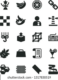 Solid Black Vector Icon Set - bookmark vector, keyboard, spectacles, winch hook, tile, unpacking, cocktail, honeycombs, juicy lemon, bananas, hot pepper, weaving, lighthouse, research article