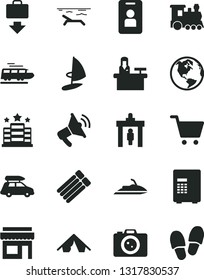 Solid Black Vector Icon Set - earth vector, train, car baggage, security gate, getting, tent, beach, hotel, camera, access card, safe, receptionist, store, cart, loudspeaker, jet ski, windsurfing