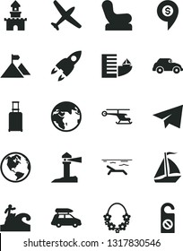 Solid Black Vector Icon Set - paper airplane vector, Baby chair, retro car, coastal lighthouse, rocket, mountain flag, sand castle, helicopter, dollar pin, earth, plane, baggage, sail boat, hotel