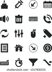 Solid Black Vector Icon Set - house vector, renewal, add label, new abacus, dust bin, left bottom arrow, volume, phone call, right, birthday cake, filter, calendar, mouse, keyboard, settings