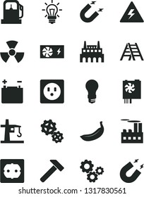 Solid Black Vector Icon Set - danger of electricity vector, ladder, power socket type f, hammer, banana, gas station, accumulator, light bulb, industrial building, factory, gears, tower crane