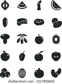 Solid Black Vector Icon Set - cheese vector, mushroom, piece of meat, orange slice, ripe peach, pomegranate, tasty apple, half medlar, blueberries, mulberry, melon, goji berry, delicious plum, water