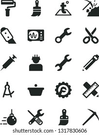 Solid Black Vector Icon Set - paint roller vector, scissors, graphite pencil, big core, small tools, plastic brush, wooden, writing accessories, star gear, knife, temperature, coal mining, builder