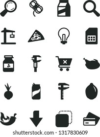 Solid Black Vector Icon Set - incandescent lamp vector, downward direction, magnifier, hawser, crossed cart, package, copy, piece of pizza, chicken, chili, beet, soda can, jar jam, lime, SIM card