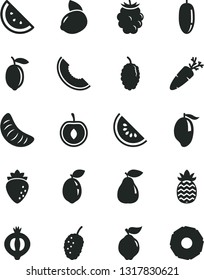 Solid Black Vector Icon Set - carrot vector, orange slice, quince, pear, raspberry, half of medlar, blackberry, mulberry, tasty, melon, water, mango, date fruit, tangerine, cherry, lemon, yellow