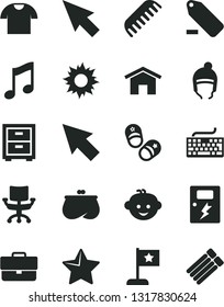 Solid Black Vector Icon Set - briefcase vector, keyboard, remove label, bedside table, comb, children's hairdo, child shoes, winter hat, dangers, home, star, music, T shirt, purse, chair, cursor