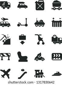 Solid Black Vector Icon Set - Baby chair vector, sitting stroller, toy train, Kick scooter, traffic signal, delivery, coal mining, battery, conveyor, canister, eco car, trolley with, Express, plane