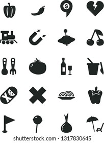 Solid Black Vector Icon Set - cross vector, pennant, tumbler, children's sand set, plastic fork spoons, baby toy train, yule, broken heart, onion, tomato, peper, Chupa Chups, cherry, Bell pepper