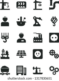 Solid Black Vector Icon Set - workman vector, hook, winch, gears, power socket type b, buildings, sea port, solar panel, oil derrick, water pipes, industrial building, conveyor, builder, tower crane