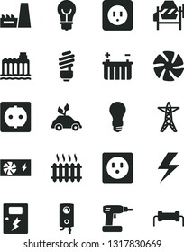 Solid Black Vector Icon Set - lightning vector, concrete mixer, cordless drill, saving light bulb, power socket type b, dangers, boiler, battery, hydroelectricity, line, thermal plant, fan, resistor