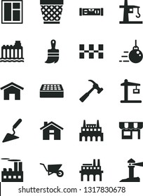 Solid Black Vector Icon Set - house vector, wicker pot, big core, building trolley, trowel, window, wooden paint brush, level, ceramic tiles, brick, hammer with claw, home, kiosk, hydroelectricity