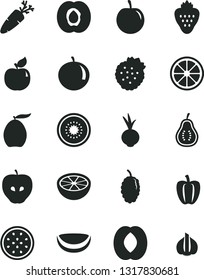 Solid Black Vector Icon Set - beet vector, carrot, strawberry, strawberries, half apricot, tasty apple, mulberry, loquat, peach, tangerine, plum, juicy lemon, of kiwi, passion fruit, piece coconut