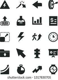 Solid Black Vector Icon Set - lightning vector, danger of electricity, left direction, growth up, upload folder, timer, put in a box, expand picture, crisis, article on the dollar, wall watch, graph
