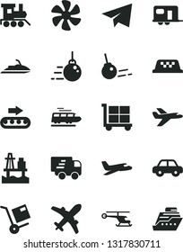 Solid Black Vector Icon Set - cargo trolley vector, paper airplane, motor vehicle, baby toy train, big core, shipment, sea port, marine propeller, production conveyor, Express delivery, helicopter