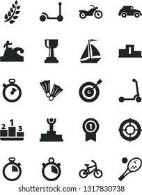 Solid Black Vector Icon Set - stopwatch vector, Kick scooter, child, pedestal, retro car, laurel branch, winner podium, gold cup, target, medal with pennant, aim, sail boat, bike, motorcycle, tennis