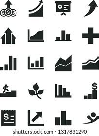 Solid Black Vector Icon Set - plus vector, bar chart, line, growth, positive histogram, leaves, article on the dollar, financial report, graph, carrer stairway, arrow, arrows, up, pedestal