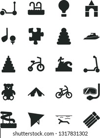 Solid Black Vector Icon Set - stacking rings vector, toy, small teddy bear, box of bricks, child bicycle, Kick scooter, Puzzle, air balloon, hang glider, bike, tent, beach, pool, aquapark, surfing
