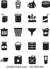 Solid Black Vector Icon Set - wicker pot vector, storage unit, measuring cup for feeding, e, packing of juice with a straw, bucket, dust bin, canned goods, tin, popcorn, coffe to go, jam, jar, oil