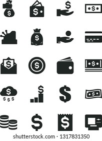 Solid Black Vector Icon Set - bank card vector, dollar, coins, denomination of the, financial item, get a wage, catch coin, wallet, dollars, cash, cashbox, money bag hand, rain, pedestal, mail, atm