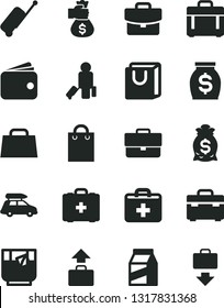 Solid Black Vector Icon Set - briefcase vector, first aid kit, medical bag, suitcase, case, with handles, package, a glass of tea, wallet, money, hand, car baggage, passenger, rolling, getting