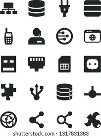 Solid Black Vector Icon Set - Puzzle vector, power socket type f, big data, electric plug, SIM card, connection, connections, scheme, dispatcher, mobile phone, usb, network, browser, connect